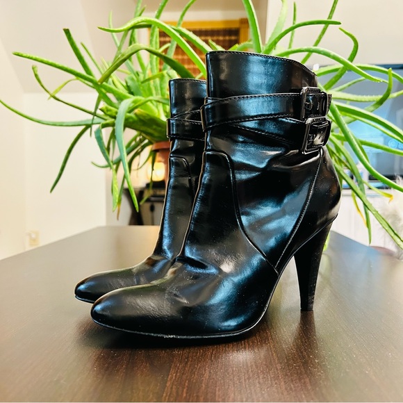 Calvin Klein Shoes - Calvin Klein Cambria Black Zip Ankle High Heel Boots with Buckle | Size 6.5 |